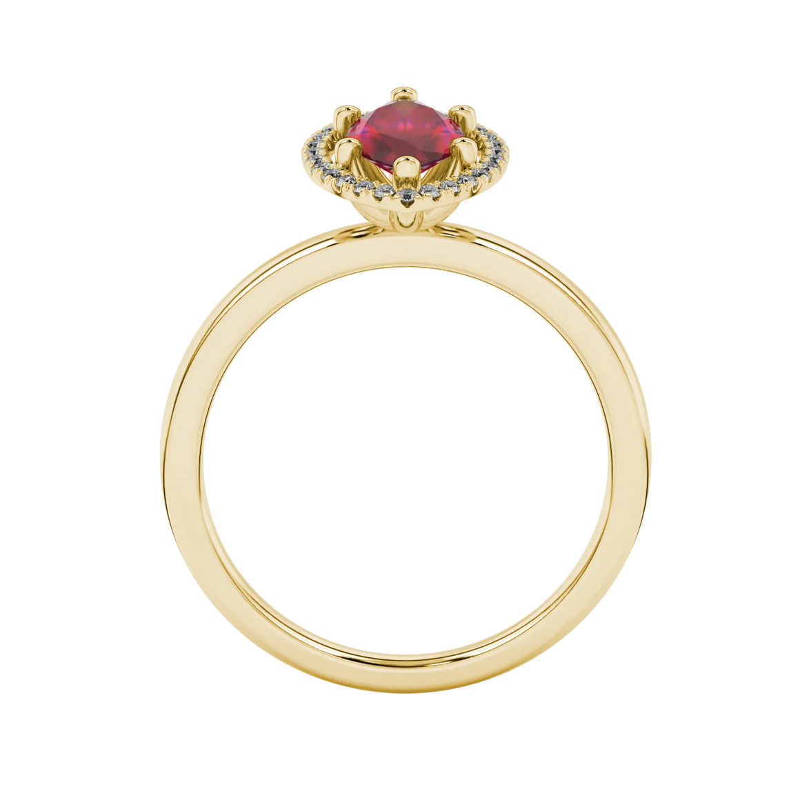 Marquise cut raspberry red gemstone ring, yellow gold French pavé halo setting.