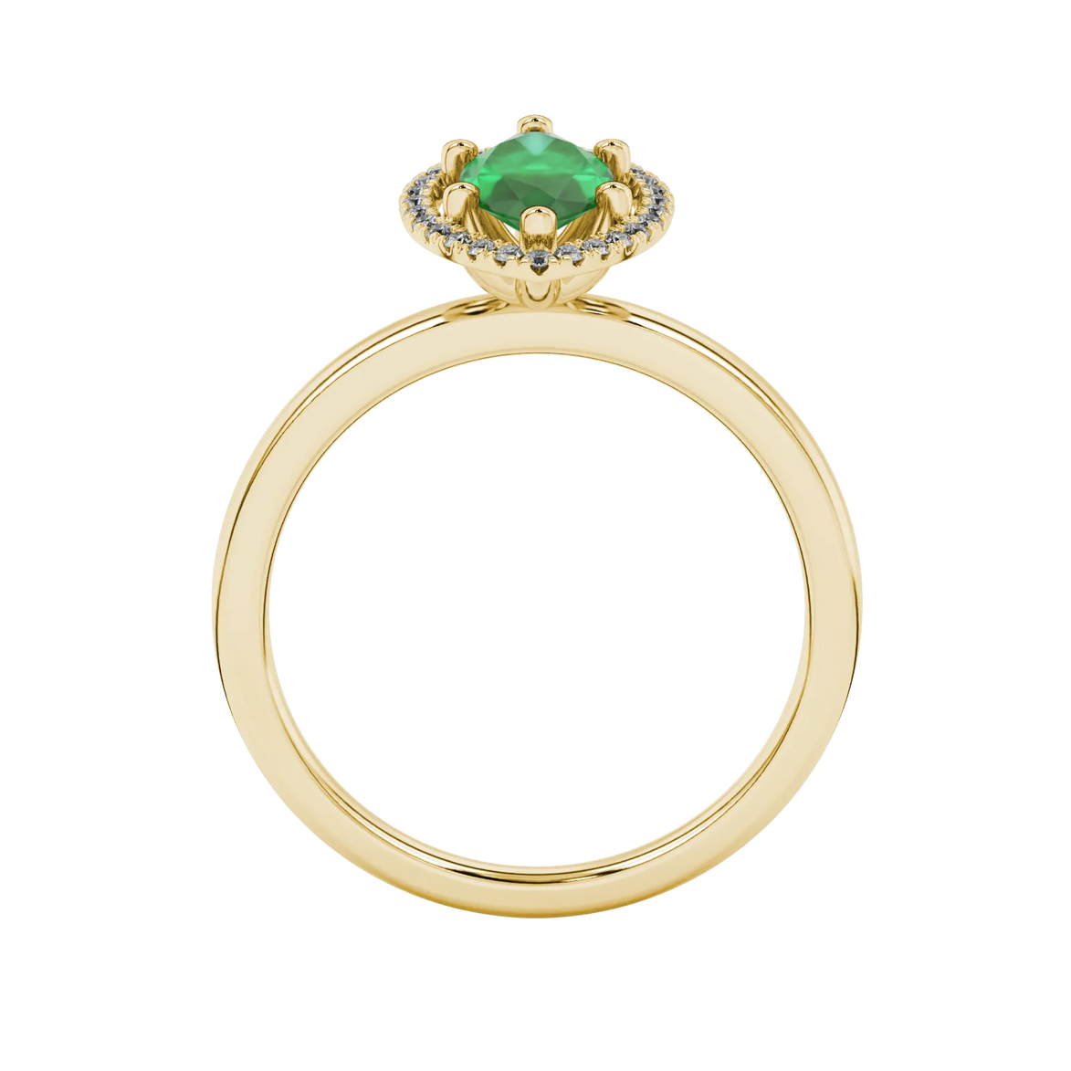 Marquise cut emerald green gemstone ring, yellow gold French pavé halo setting.