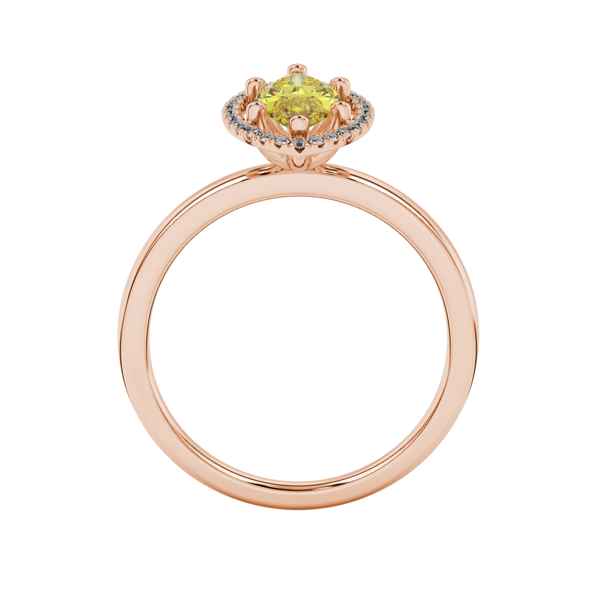 Marquise cut canary yellow gemstone ring, rose gold French pavé halo setting.