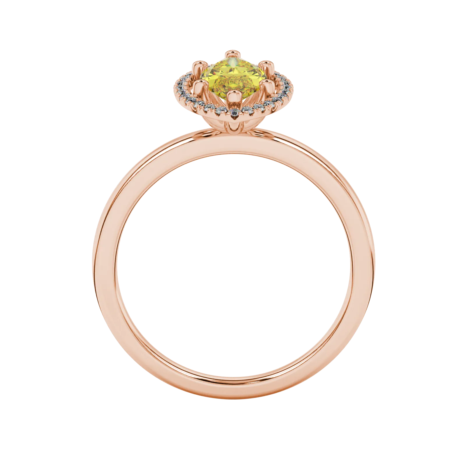 Marquise cut canary yellow gemstone ring, rose gold French pavé halo setting.