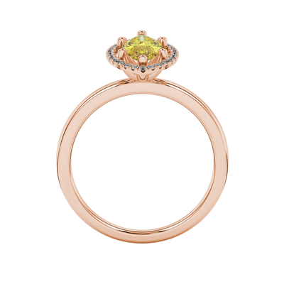 Marquise cut canary yellow gemstone ring, rose gold French pavé halo setting.