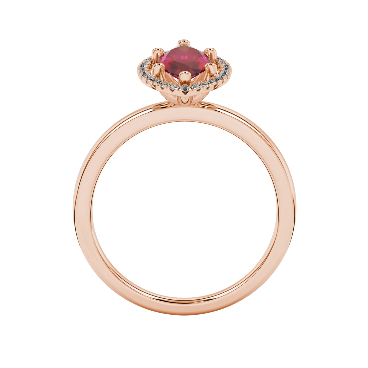 Marquise cut raspberry red gemstone ring, rose gold French pavé halo setting.