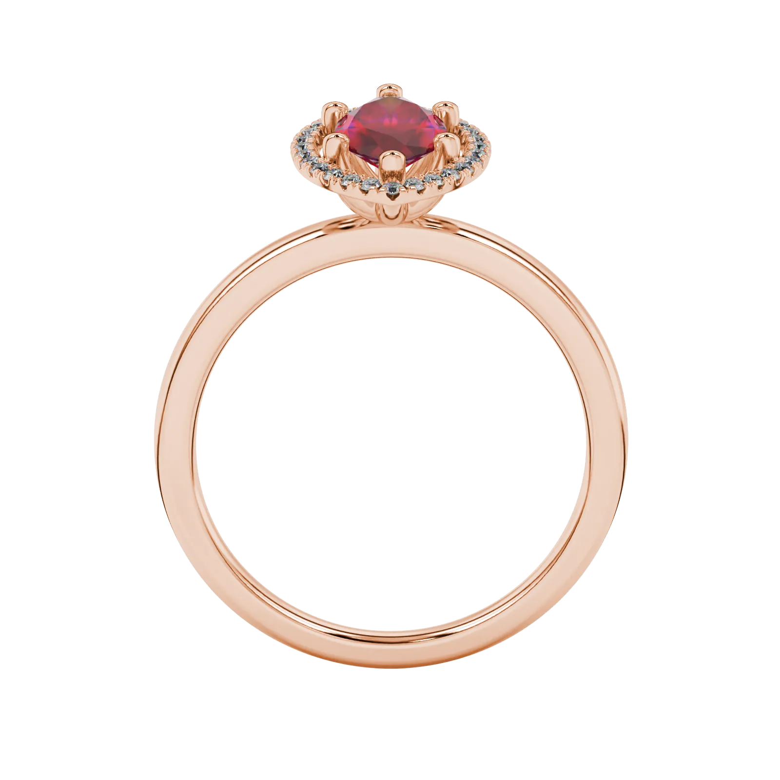 Marquise cut raspberry red gemstone ring, rose gold French pavé halo setting.