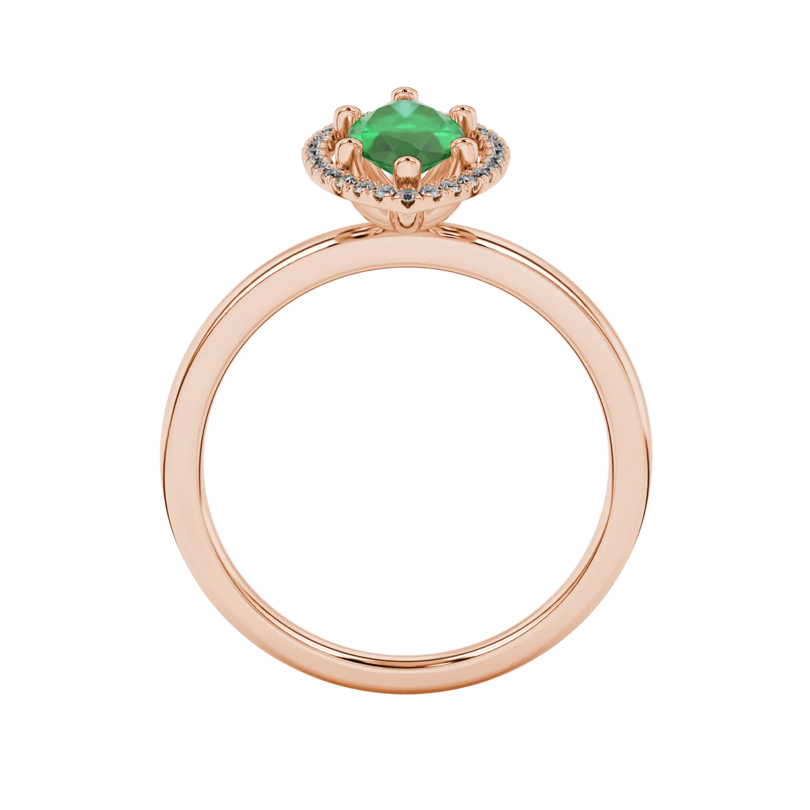 Marquise cut emerald green gemstone ring, rose gold French pavé halo setting.