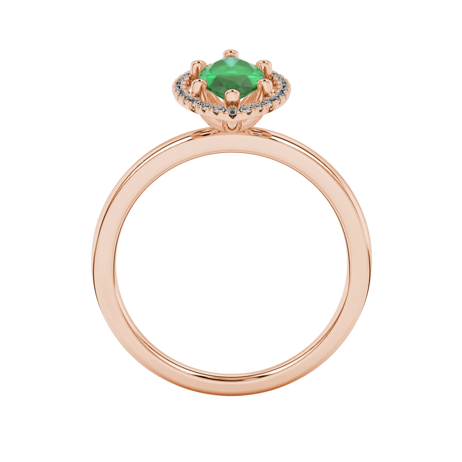 Marquise cut emerald green gemstone ring, rose gold French pavé halo setting.