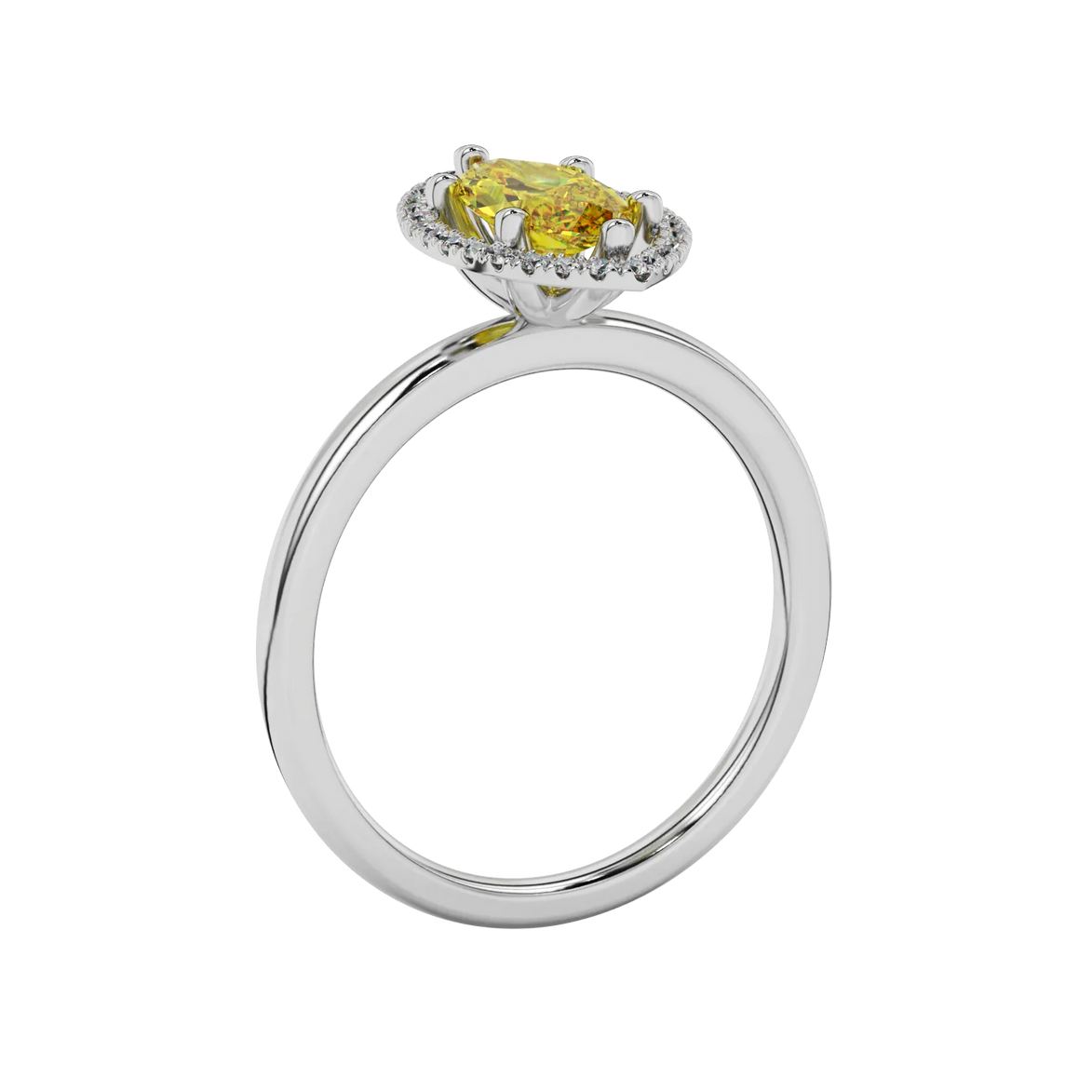 Side profile, white gold canary yellow ring, French pavé halo gallery.