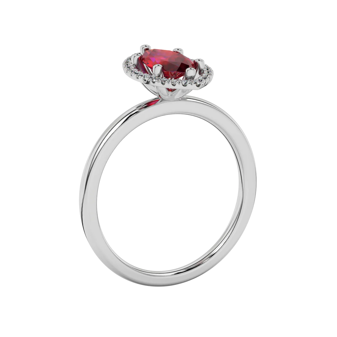 Side profile, white gold raspberry red ring, French pavé halo gallery.