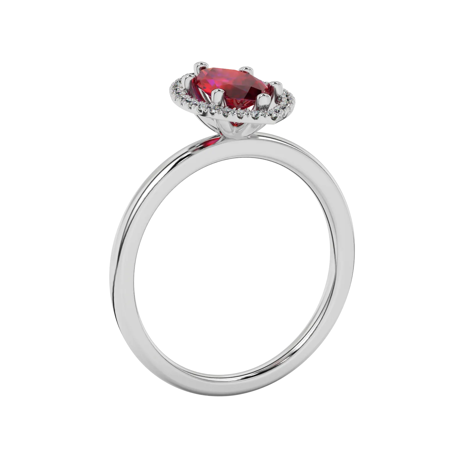 Side profile, white gold raspberry red ring, French pavé halo gallery.