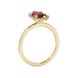 Side profile, yellow gold raspberry red ring, French pavé halo gallery.