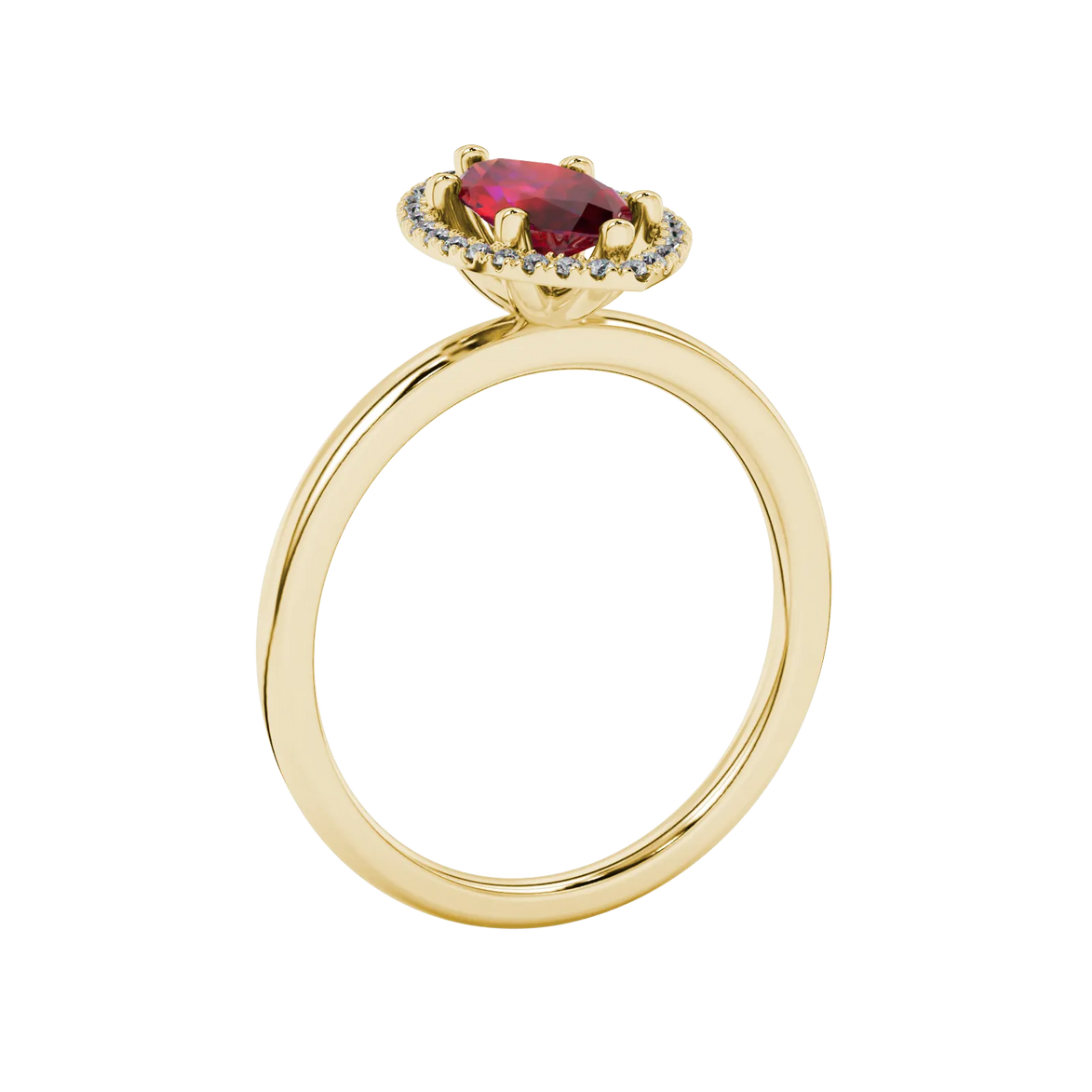 Side profile, yellow gold raspberry red ring, French pavé halo gallery.
