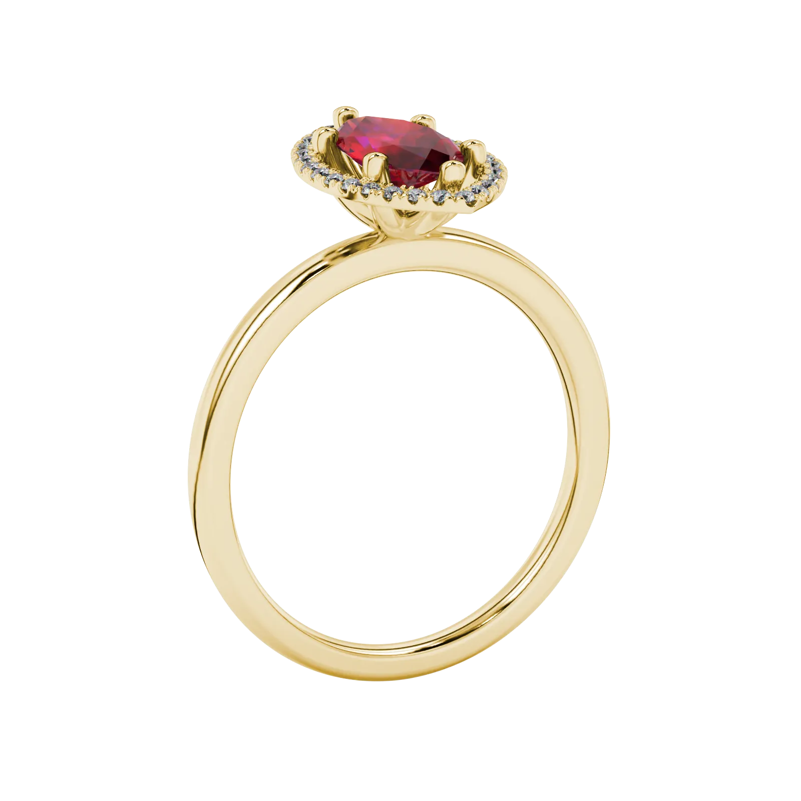 Side profile, yellow gold raspberry red ring, French pavé halo gallery.