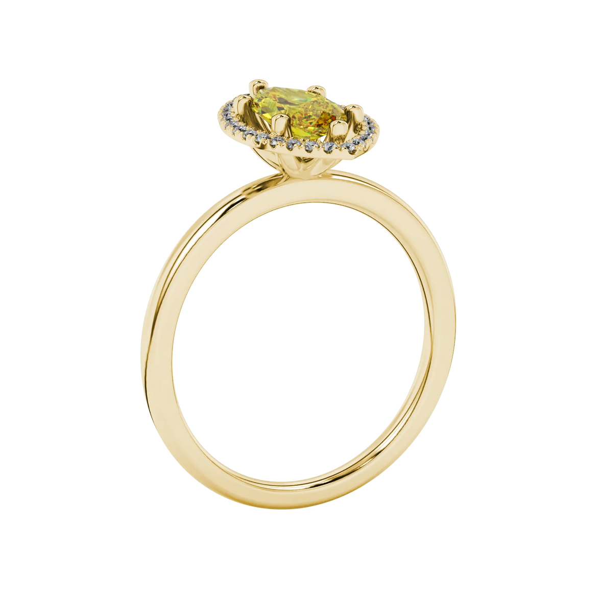 Side profile, yellow gold canary yellow ring, French pavé halo gallery.