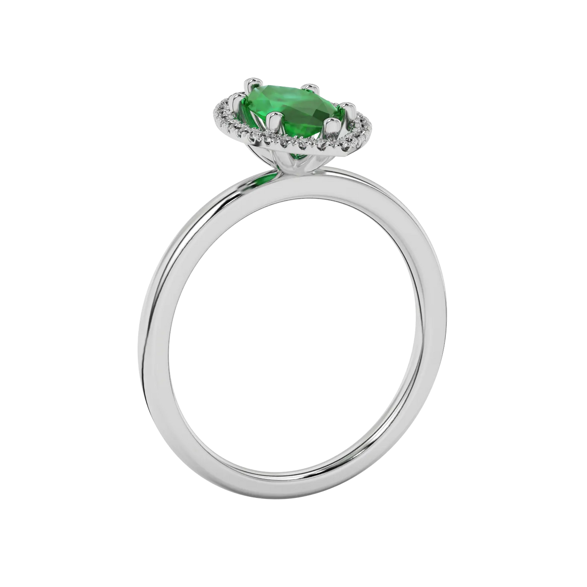 Side profile, white gold emerald green ring, French pavé halo gallery.