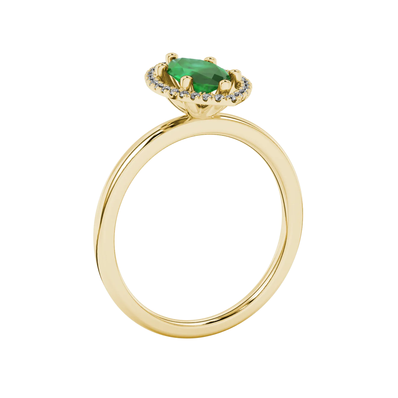 Side profile, yellow gold emerald green ring, French pavé halo gallery.