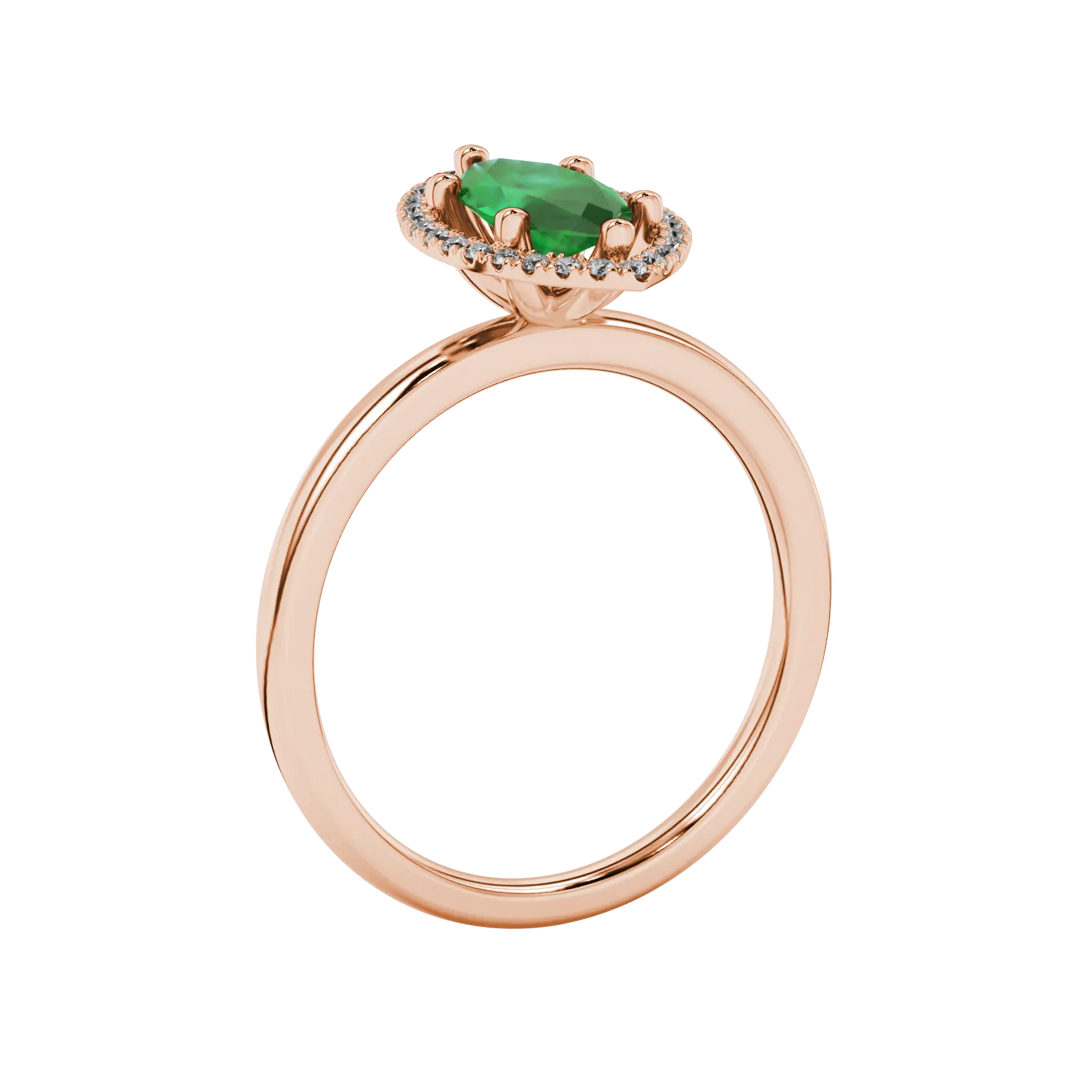 Side profile, rose gold emerald green ring, French pavé halo gallery.