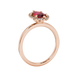 Side profile, rose gold raspberry red ring, French pavé halo gallery.