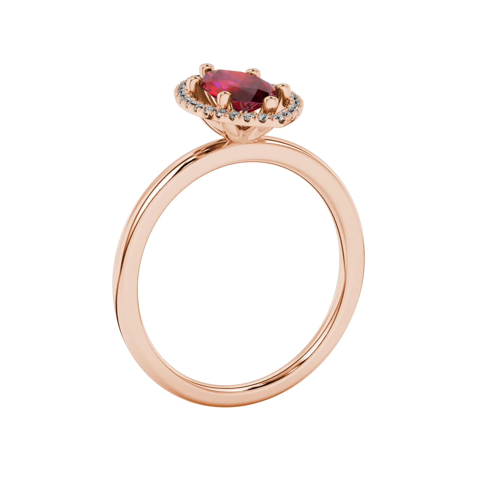 Side profile, rose gold raspberry red ring, French pavé halo gallery.