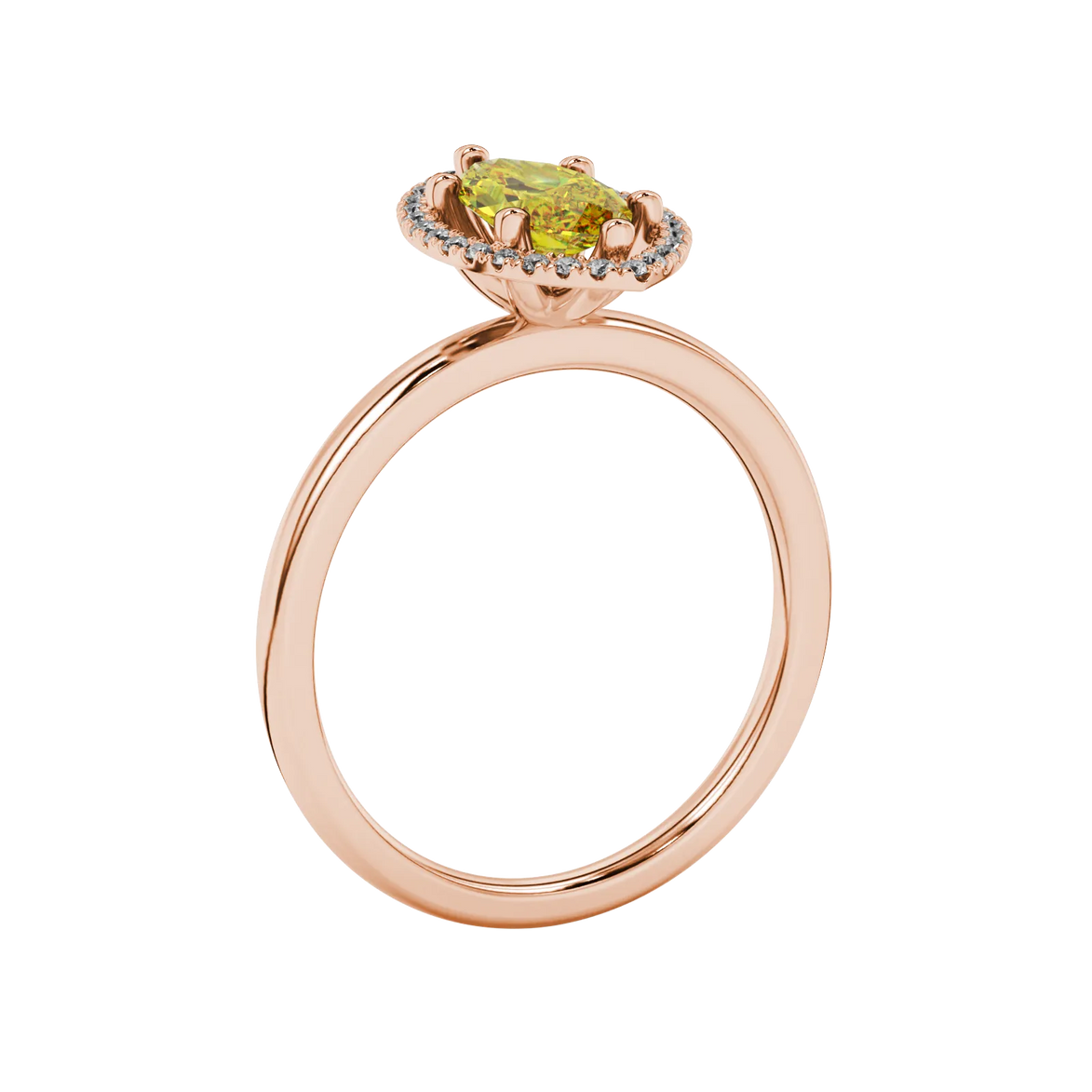 Side profile, rose gold canary yellow ring, French pavé halo gallery.
