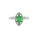 Close-up marquise cut emerald green gemstone ring, white gold French pavé halo.