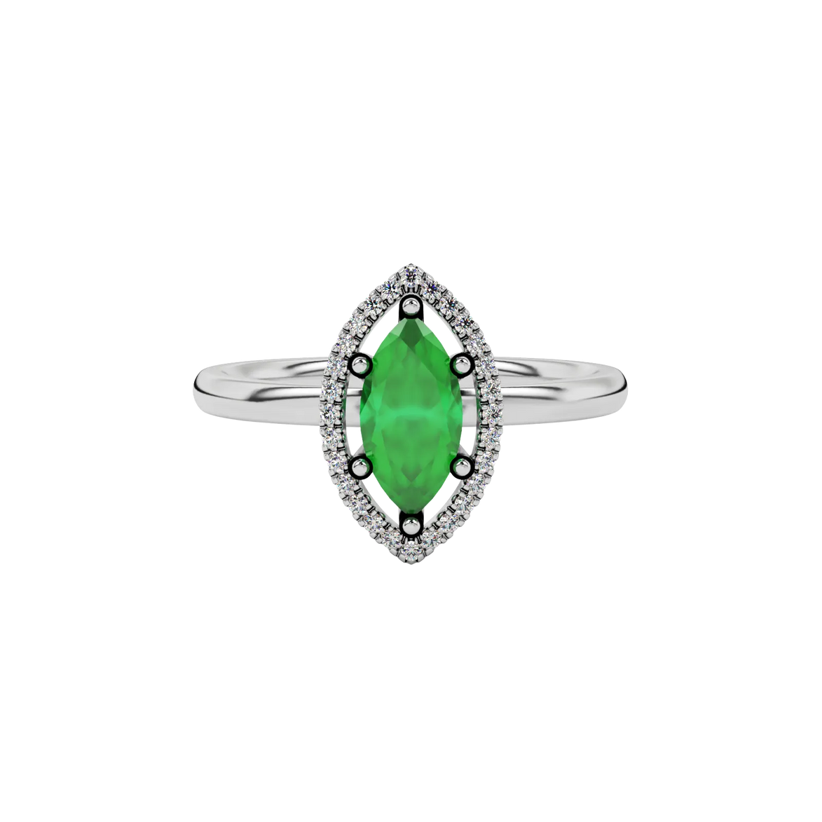 Close-up marquise cut emerald green gemstone ring, white gold French pavé halo.