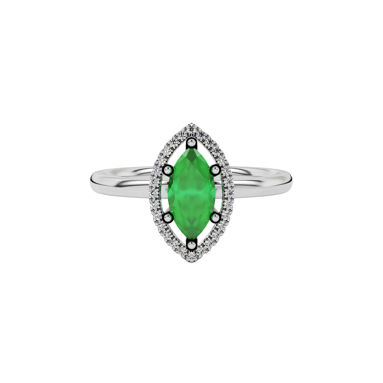 Close-up marquise cut emerald green gemstone ring, white gold French pavé halo.