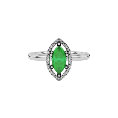 Close-up marquise cut emerald green gemstone ring, white gold French pavé halo.