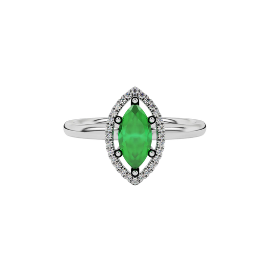 Close-up marquise cut emerald green gemstone ring, white gold French pavé halo.