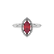 Close-up marquise cut raspberry red gemstone ring, white gold French pavé halo.