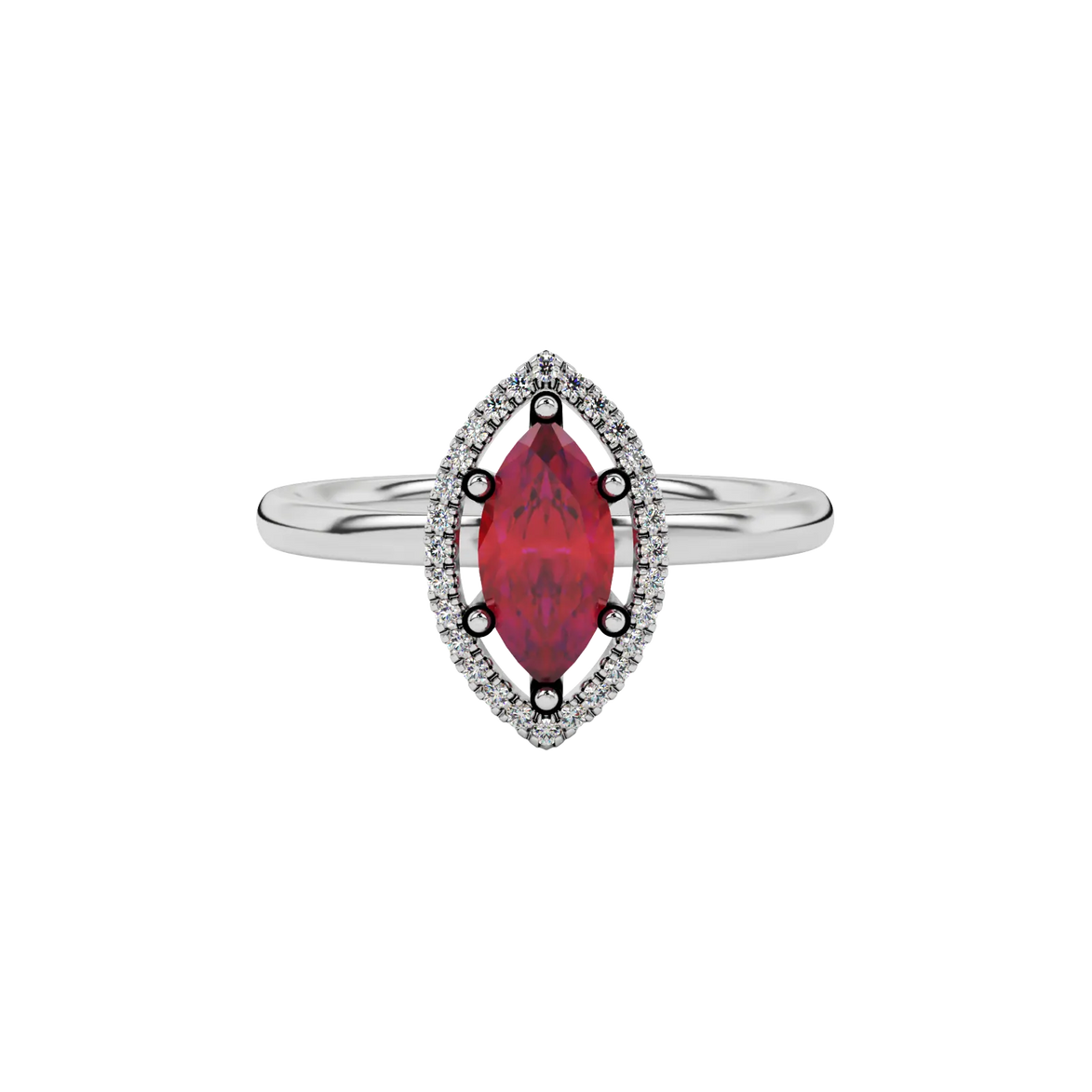 Close-up marquise cut raspberry red gemstone ring, white gold French pavé halo.