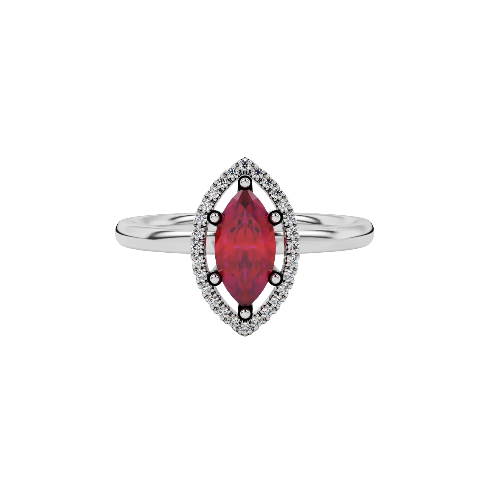 Close-up marquise cut raspberry red gemstone ring, white gold French pavé halo.