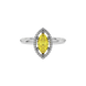 Close-up marquise cut canary yellow gemstone ring, white gold French pavé halo.