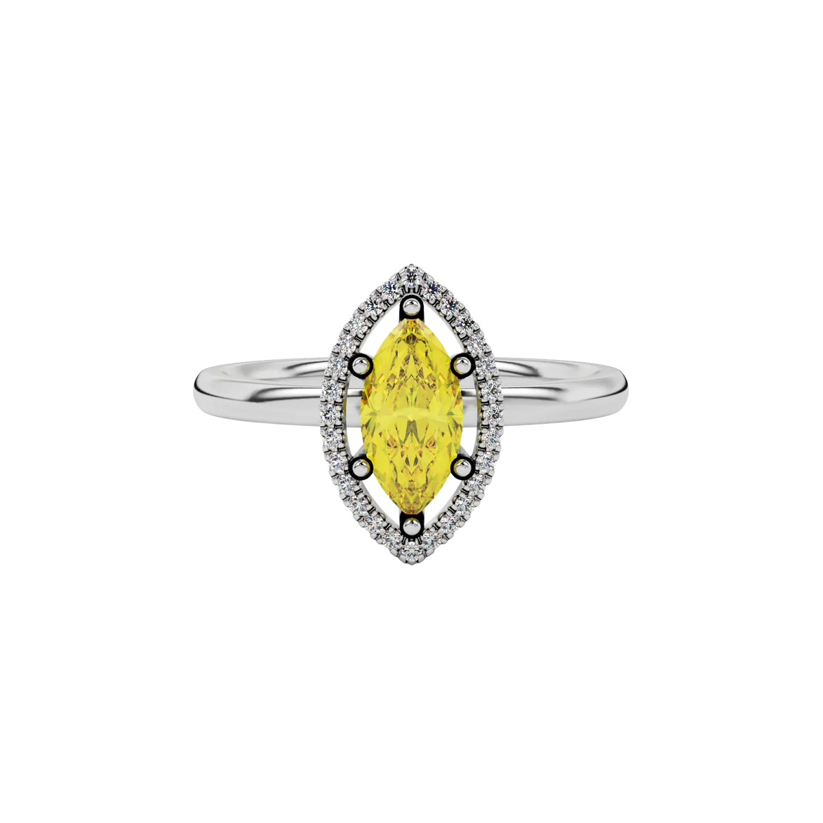 Close-up marquise cut canary yellow gemstone ring, white gold French pavé halo.
