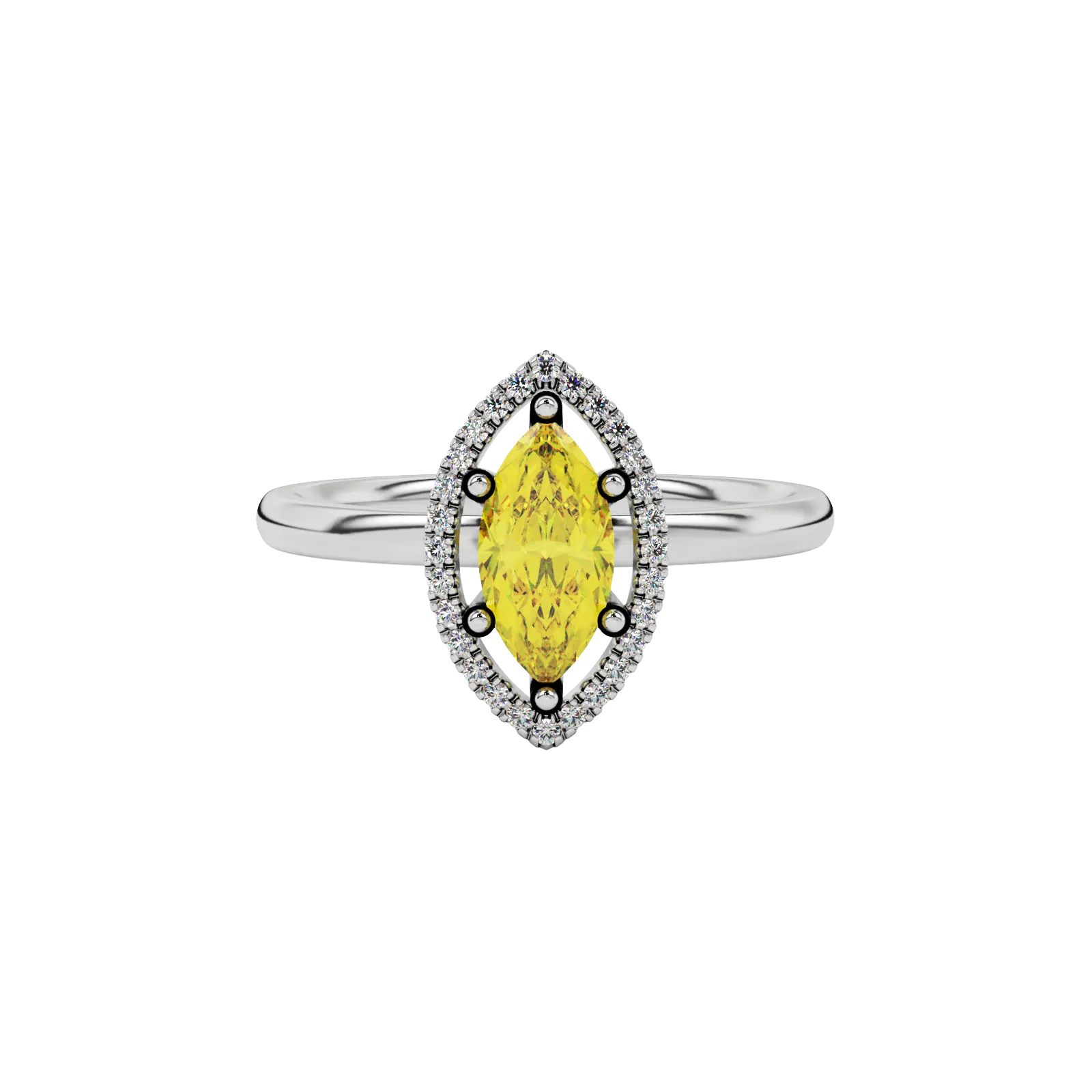 Close-up marquise cut canary yellow gemstone ring, white gold French pavé halo.
