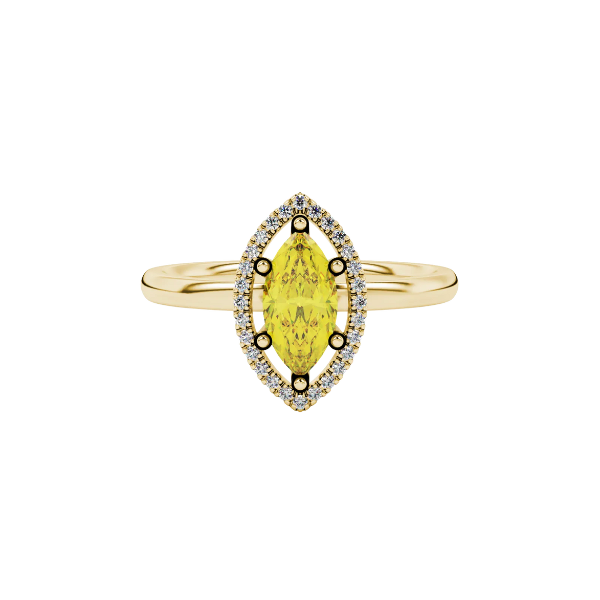 Close-up, marquise cut canary yellow gemstone, yellow gold French pavé halo ring.