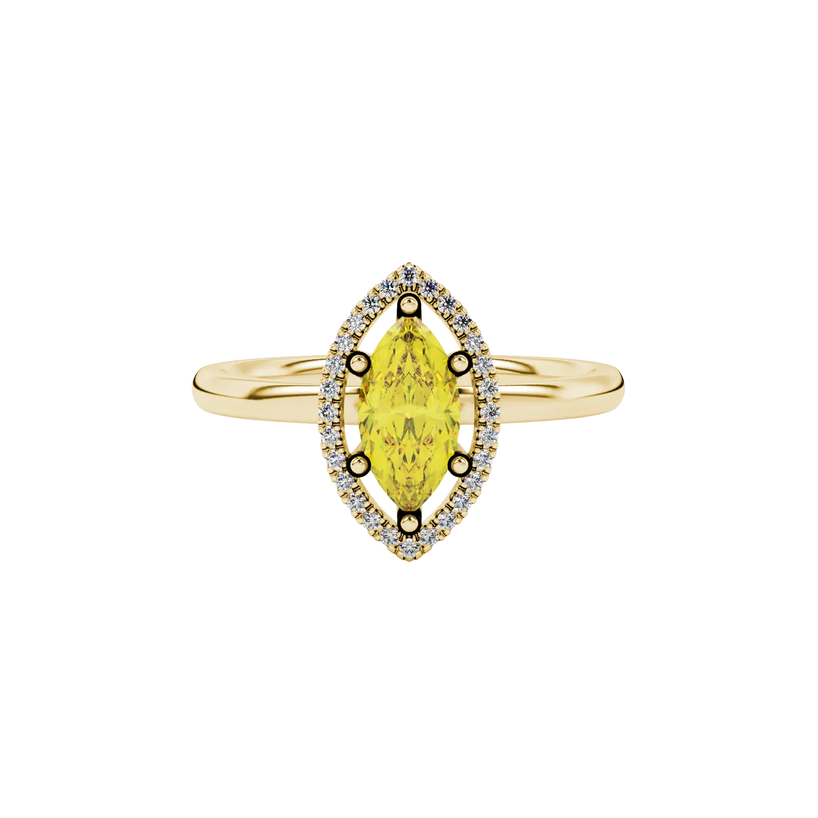 Close-up, marquise cut canary yellow gemstone, yellow gold French pavé halo ring.