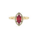 Close-up, marquise cut raspberry red gemstone, yellow gold French pavé halo ring.
