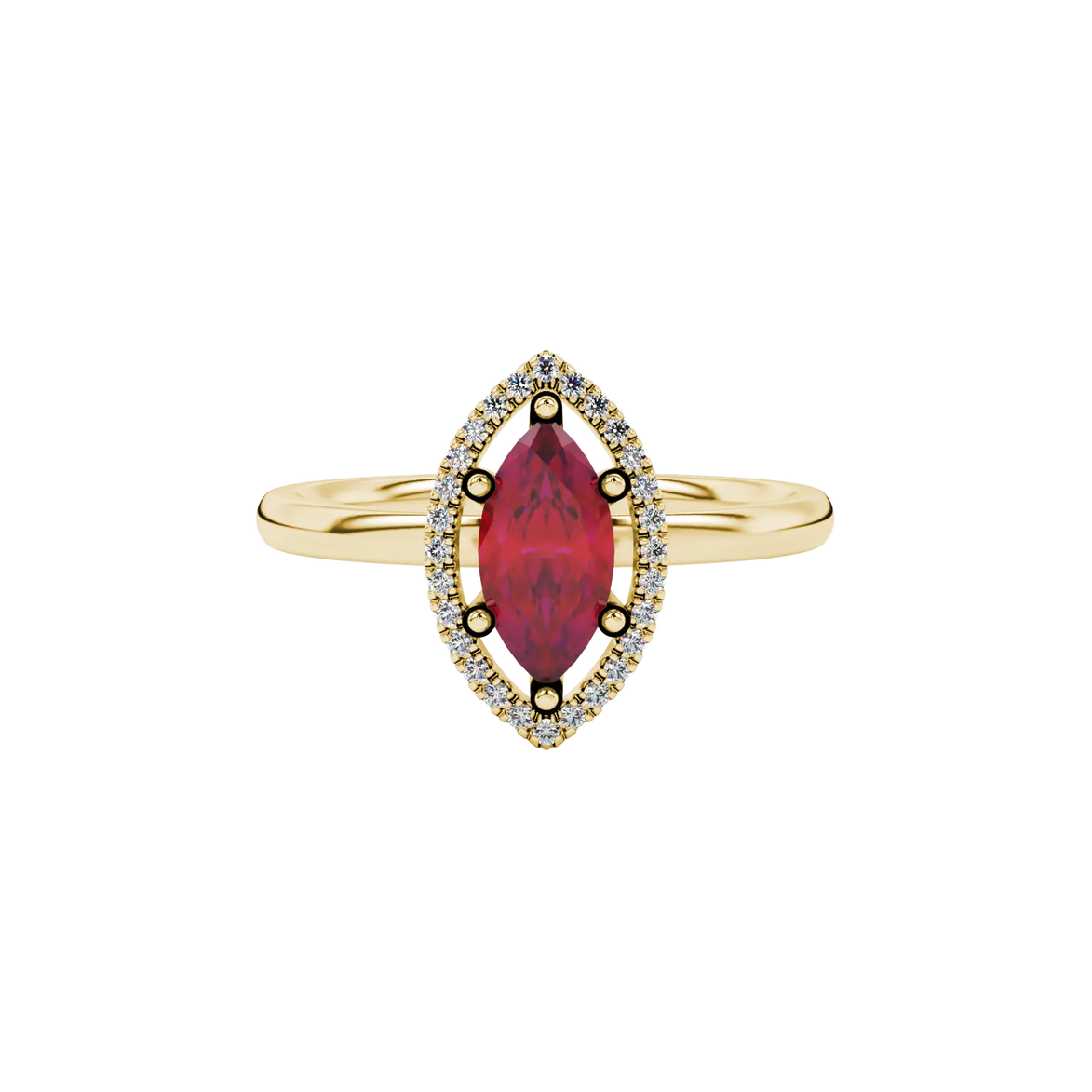 Close-up, marquise cut raspberry red gemstone, yellow gold French pavé halo ring.