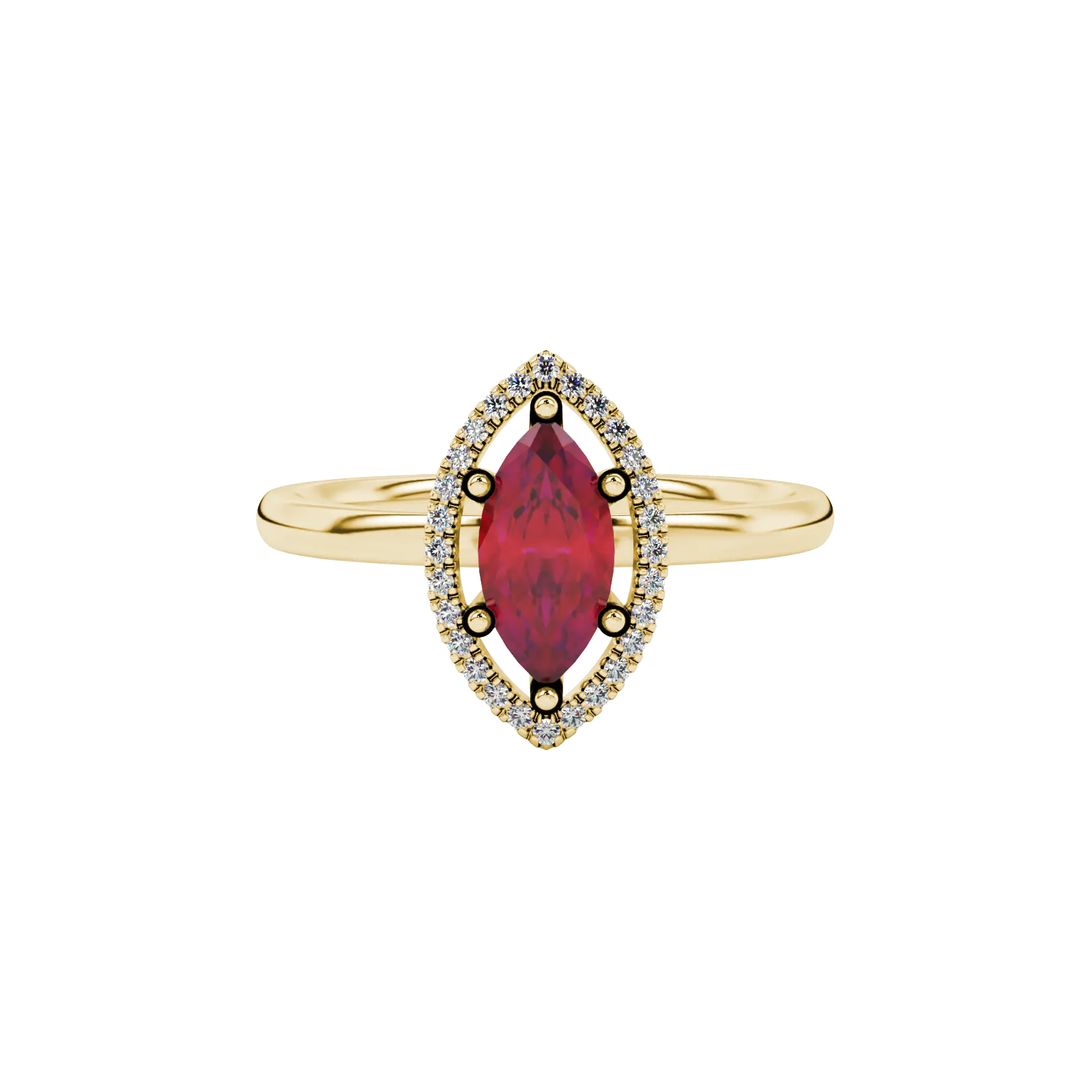 Close-up, marquise cut raspberry red gemstone, yellow gold French pavé halo ring.