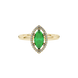 Close-up, marquise cut emerald green gemstone, yellow gold French pavé halo ring.