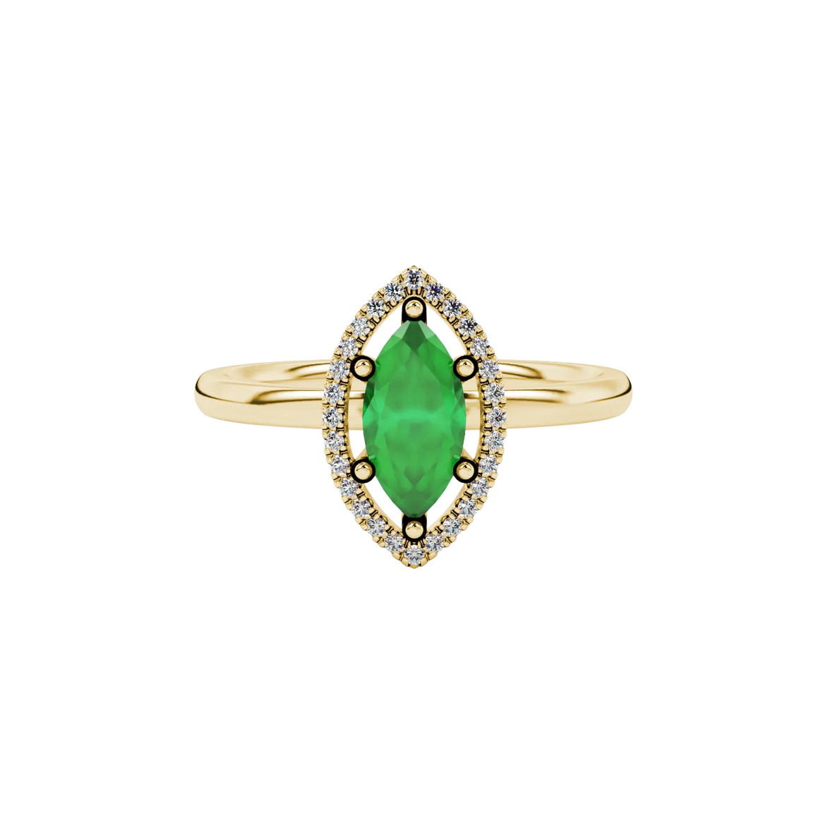 Close-up, marquise cut emerald green gemstone, yellow gold French pavé halo ring.