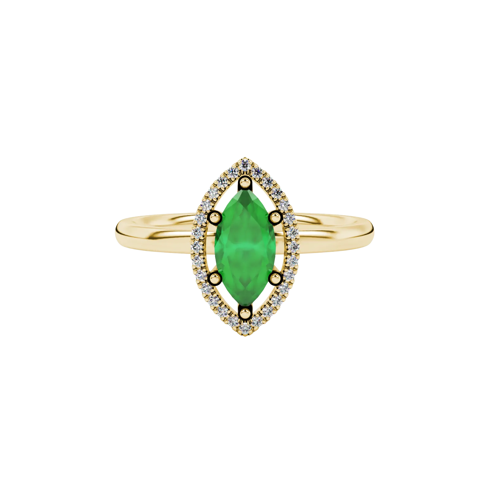Close-up, marquise cut emerald green gemstone, yellow gold French pavé halo ring.