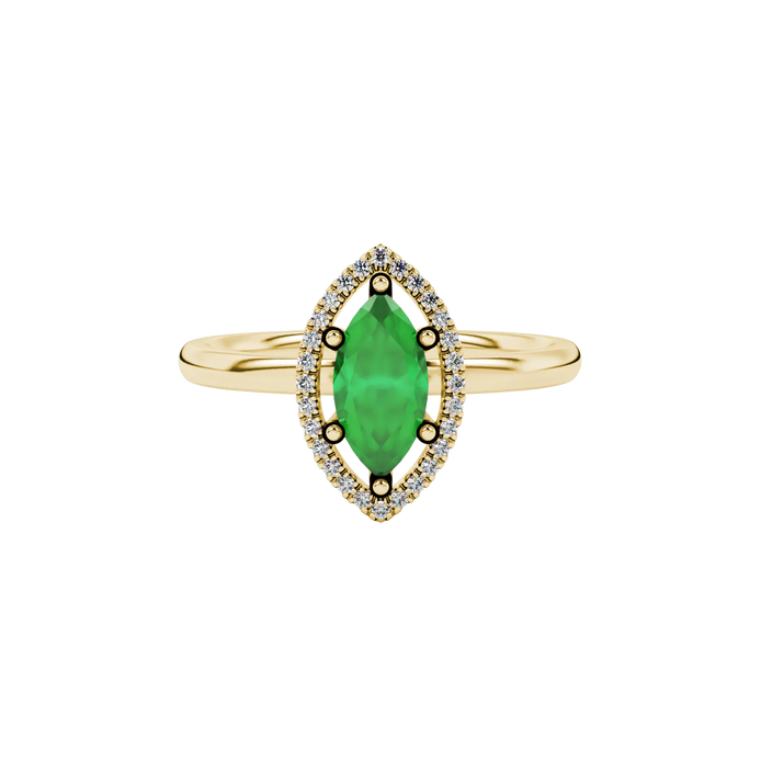 Close-up, marquise cut emerald green gemstone, yellow gold French pavé halo ring.