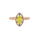 Close-up, marquise cut canary yellow gemstone ring, rose gold French pavé halo.