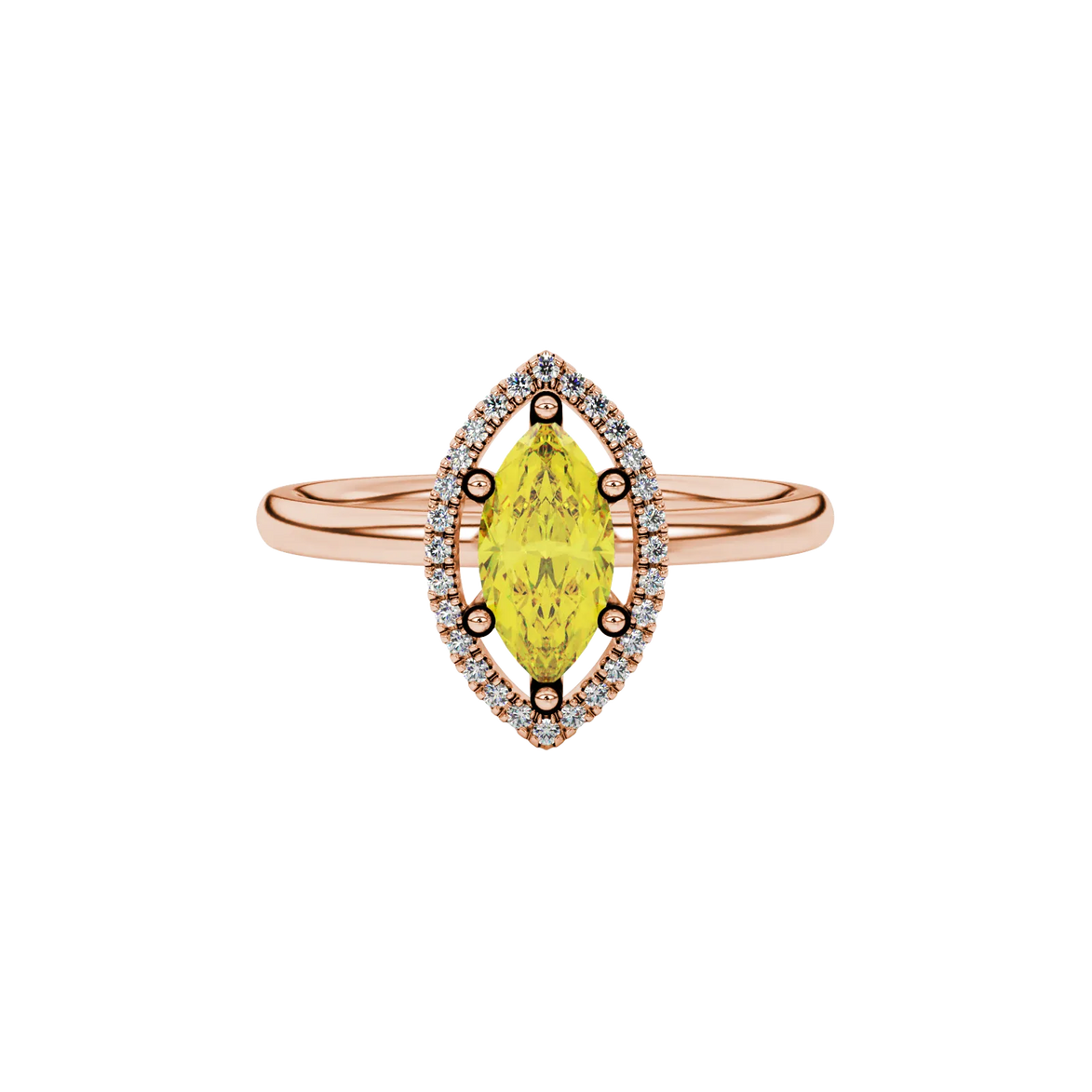Close-up, marquise cut canary yellow gemstone ring, rose gold French pavé halo.