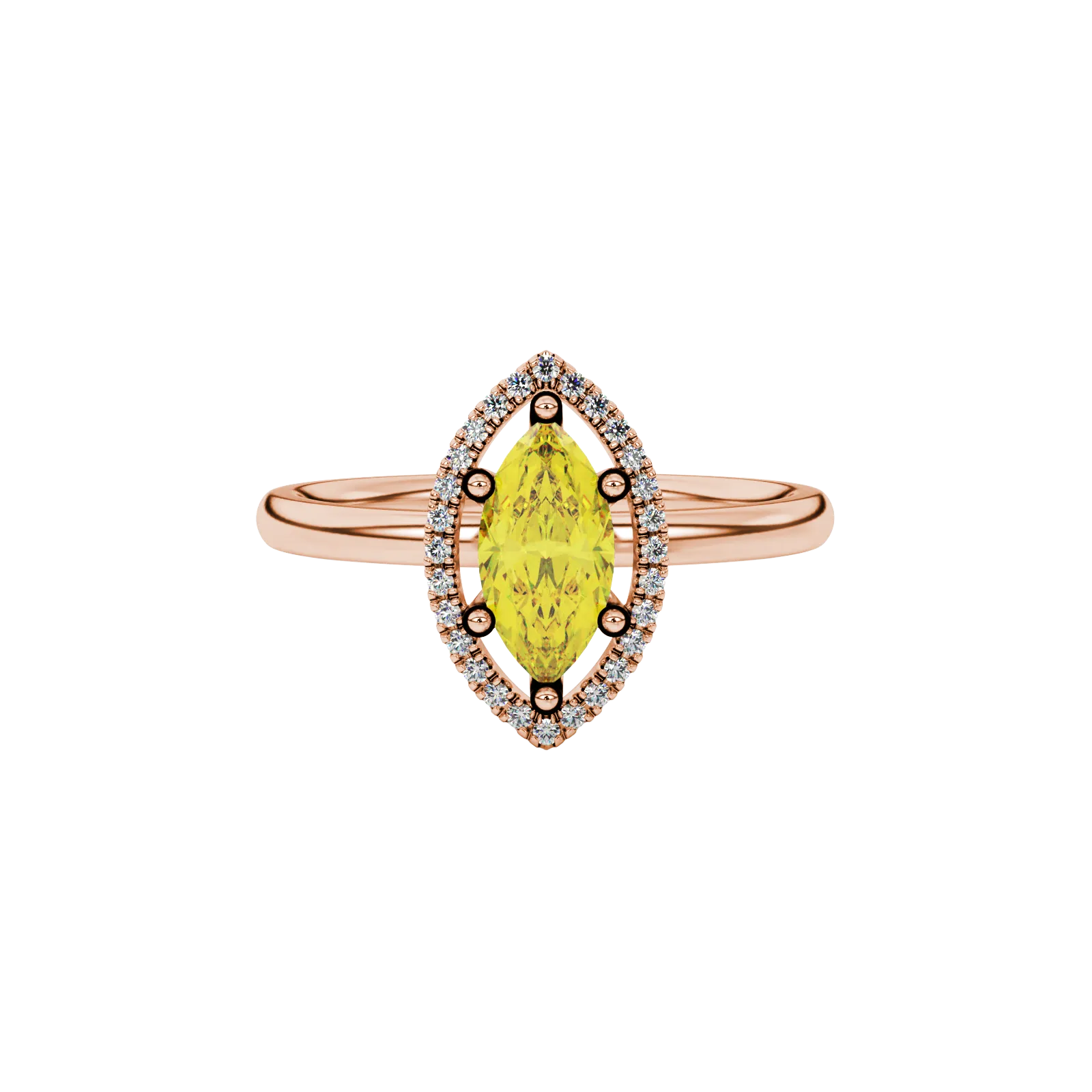 Close-up, marquise cut canary yellow gemstone ring, rose gold French pavé halo.