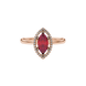Close-up, marquise cut raspberry red gemstone ring, rose gold French pavé halo