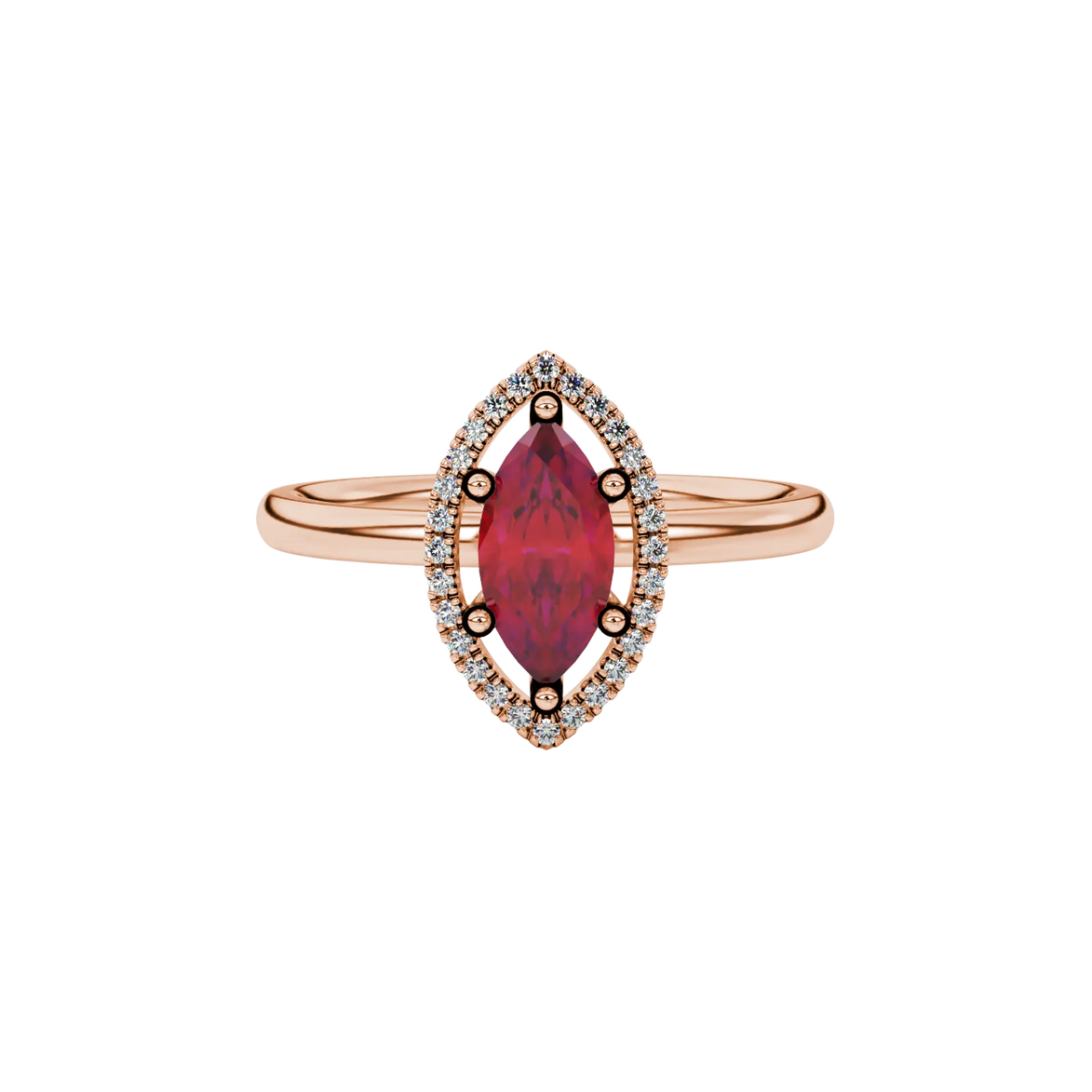 Close-up, marquise cut raspberry red gemstone ring, rose gold French pavé halo