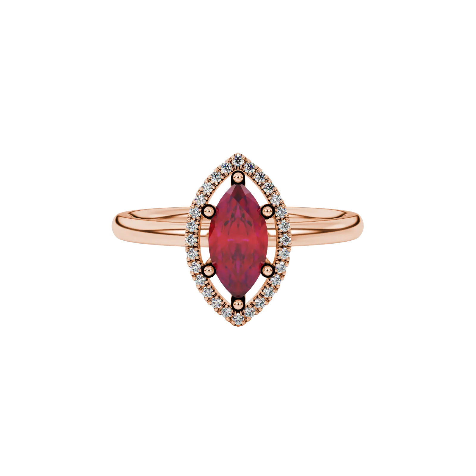 Close-up, marquise cut raspberry red gemstone ring, rose gold French pavé halo