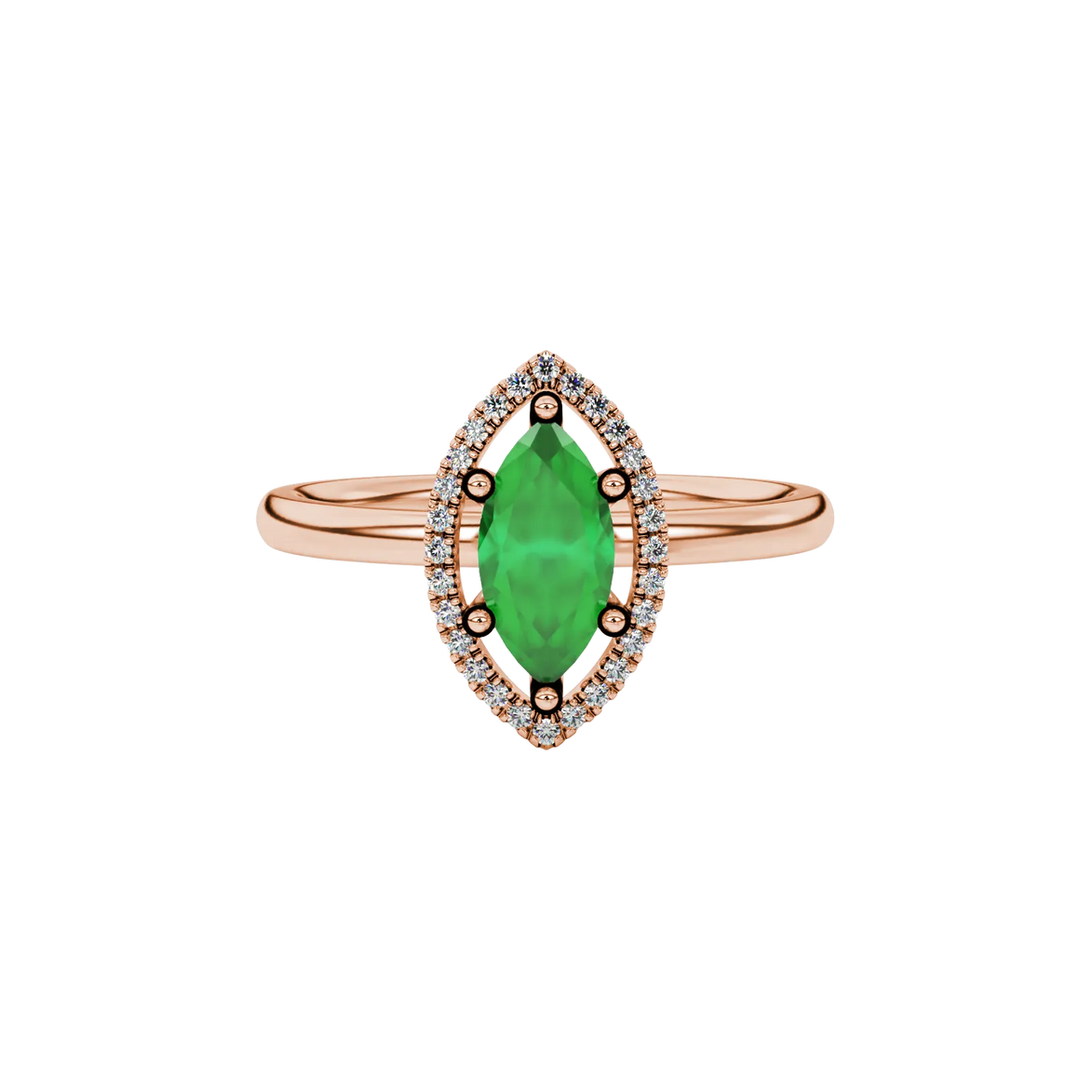 Close-up, marquise cut emerald green gemstone ring, rose gold French pavé halo.