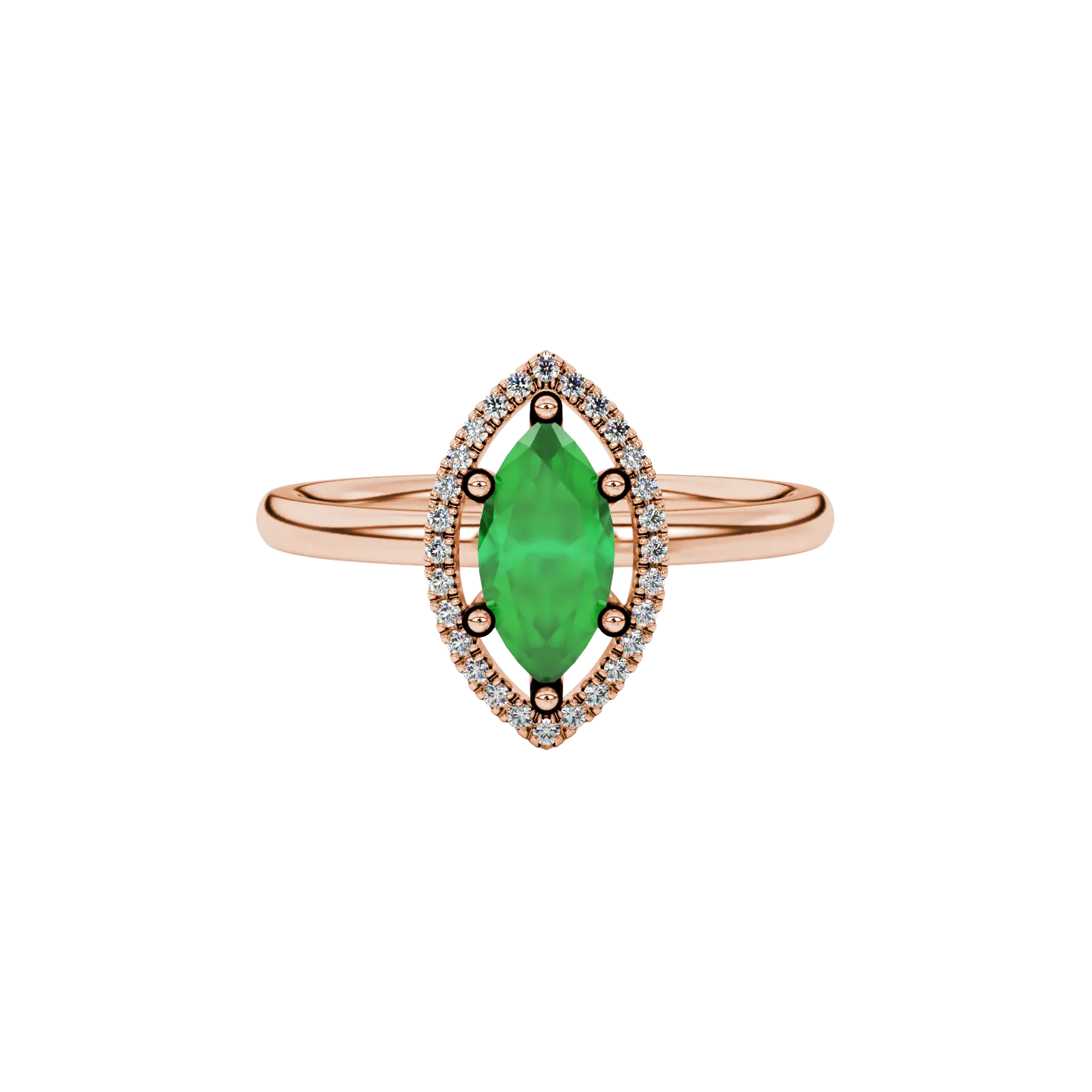 Close-up, marquise cut emerald green gemstone ring, rose gold French pavé halo.